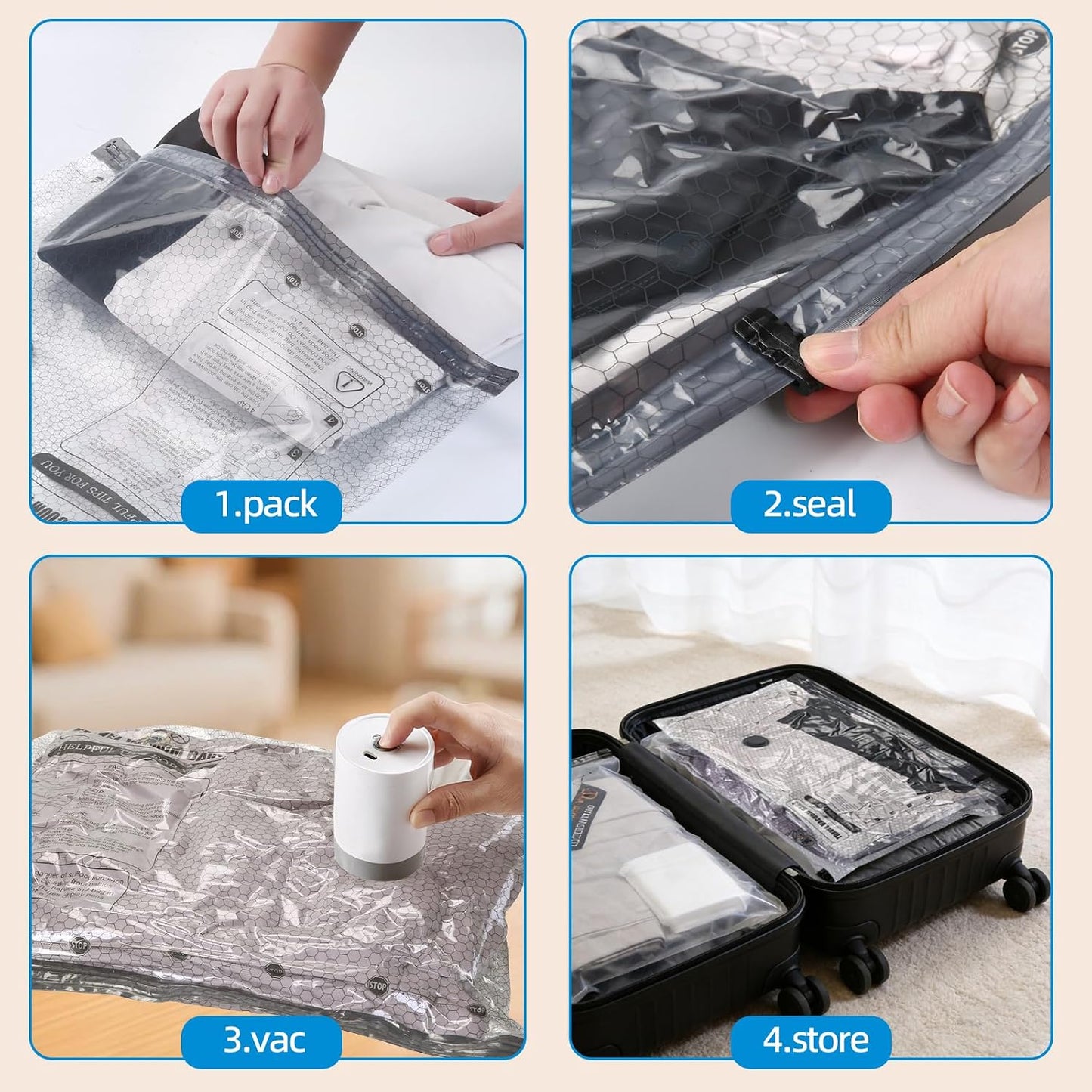 Vacuum Bags for Travel with Rechargeable Air Pump 15 Pack Compression Packing Bags for Luggage, Carry-On Space Saver for Clothes, Ideal for Dorm Living & Small Space Storage