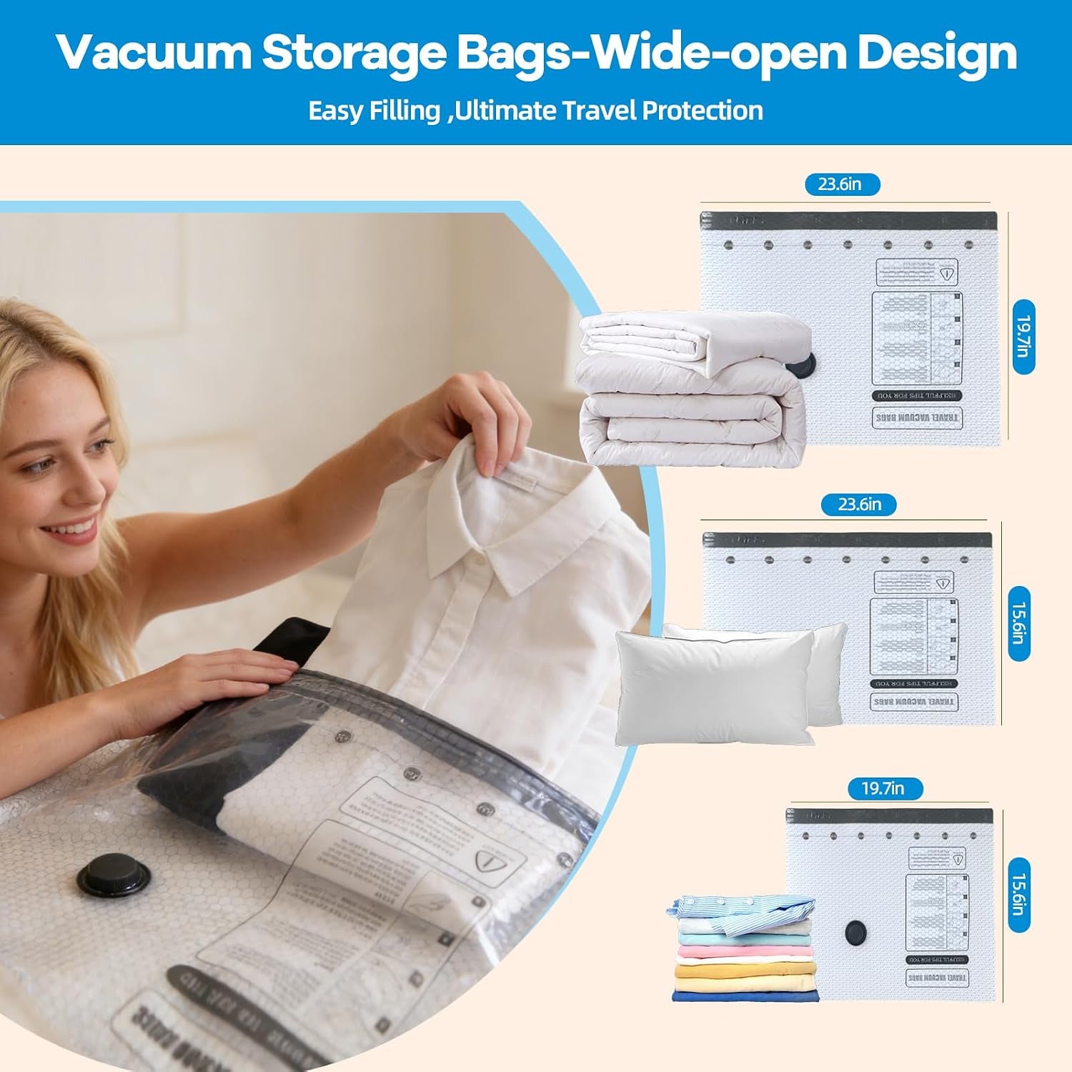 Vacuum Bags for Travel with Rechargeable Air Pump 15 Pack Compression Packing Bags for Luggage, Carry-On Space Saver for Clothes, Ideal for Dorm Living & Small Space Storage