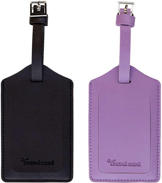2 Pack Leather Luggage Tags Travel Luggage Name Tag Bag Tags Leather Suitcases Tags for Luggage Id Tags with Cover Privacy Protection Suitcase Labels Travel Accessories (Black & Purple)