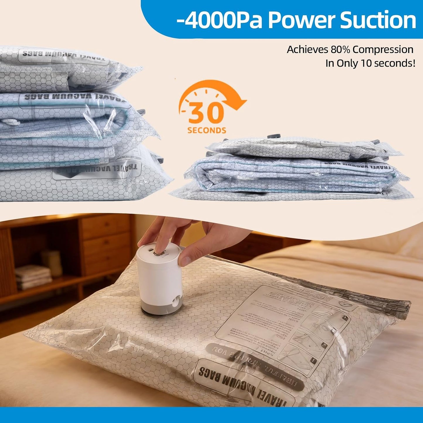 Vacuum Bags for Travel with Rechargeable Air Pump 15 Pack Compression Packing Bags for Luggage, Carry-On Space Saver for Clothes, Ideal for Dorm Living & Small Space Storage